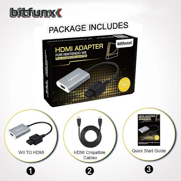 Bitfunx HDMI-adapter for Nintendo Wii NTSC PAL Retro Spillkonsoller HD-kabel Plug and Play