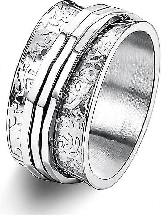 Spinne-ring i rustfritt stål med blomsterutskjæring - Daisy Fidget Band - Månestjerne, onde øyne, kors - Angstring for kvinner og menn - US5