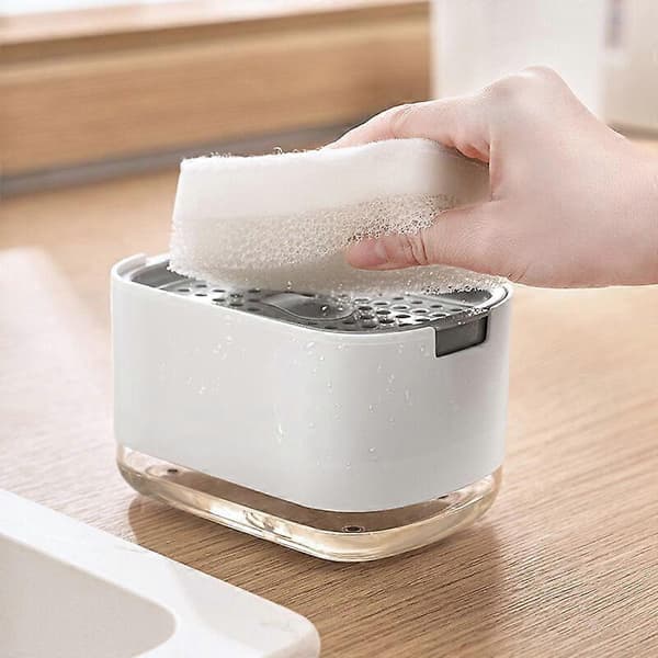 Køkken sæbedispenser, 2 i 1 Premium sæbedispenser og svampeholder, opvaskemiddeldispenser til bordplade, hvid