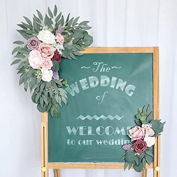 Peony Swag Bue til Bryllupsbue Blomster Sæt af 2 Blomsterswags til Bryllupsceremoni Skilt Kunstig Blomst Eucalyptus Blad Girland til Bryllup Hjem Decor