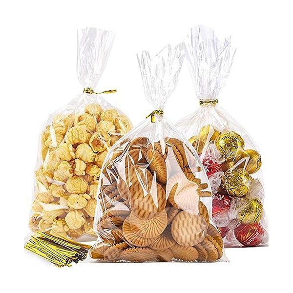 100 st Plastpåsar för Snacks, Transparenta, för Toastbröd, Kakor, Godis, med Vridband