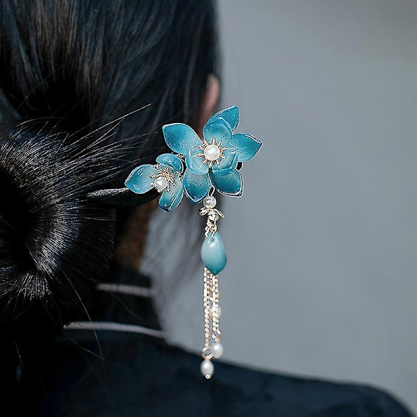Blå Lotus Hårnål Handgjord Trähårpinne Kvinnor Retro Hårnål Blomma Dekor Hårpinnar För Långt Hår Modell 1st