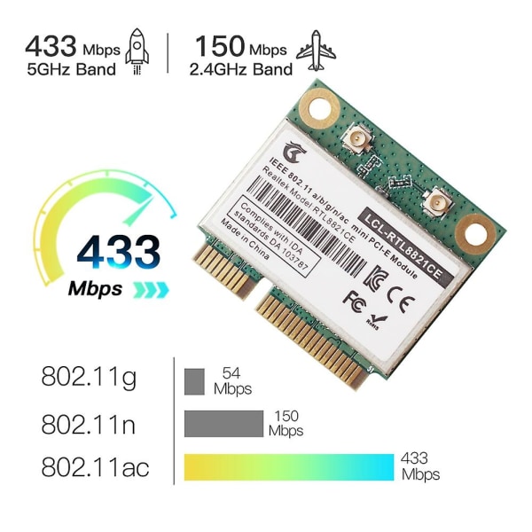 Rtl8821ce 802.11ac For Bluetooth 4.2 433mbps 2.4ghz/5ghz Dobbelt bånd Mini Pcie Wifi Kort Rtl8821 Supp