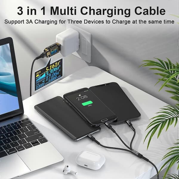 3 i 1 Opladerkabel 3A USB Hurtig Opladningsledning [1,2M] Multi Opladerkabel med Micro USB Type C Lightning Kabelstik til iPhone, Samsung, Huawei