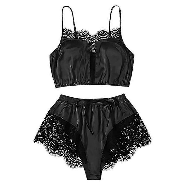 Dame Nattøj 2 stk. Blomsterblondekant Satin Cami Pyjamas Sæt Kvinde Mesh Natkjole Lingeri Sæt