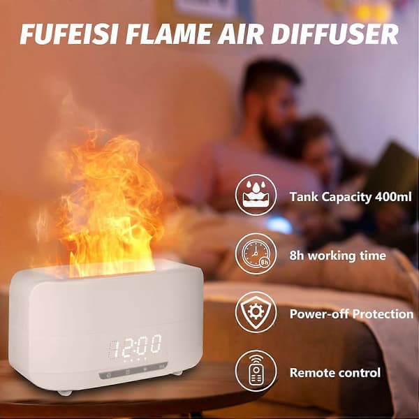 Flammediffuser Luftfugter 400 ML, Pejsdiffuser Vækkeur med Fjernbetjening
