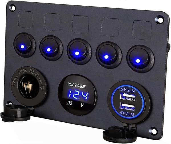 12v / 24v Kontrolpanel, 5 Grupper Af Vippekontaktspaneler, Med 5v 4.2a Dobbelt USB-Oplader, Vandafvisende LED Voltmeter