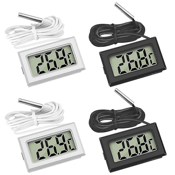 Mini digital LCD-termometer med temperaturføler for kjøleskap, frysere, akvarier (2x svart, 2x hvit)