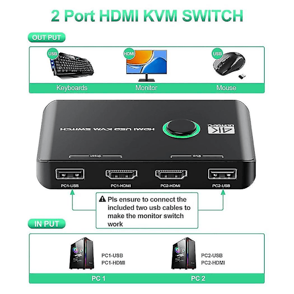 4k Kvm Switch Usb-kompatible switcher for 2 datamaskiner deler tastatur mus skriver og skjerm, støtter 4k@60hz