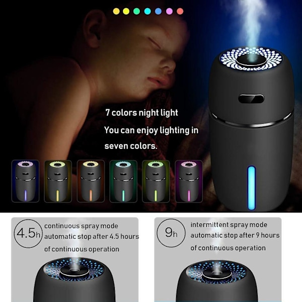 USB-bilfuktare 200 ml Mini bärbar luftfuktare med 7 färger LED nattlampa Tyst justerbar Mi