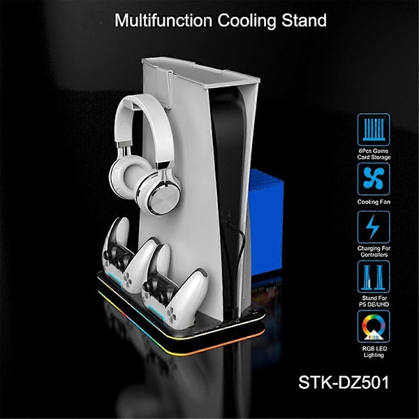 3 Mode LED Køleventilator til Stand 2 Controller Opladningsstation til Disc/Digital RGB Koldt Lys Sort