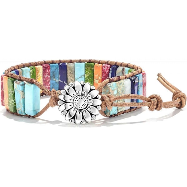 AVEKI 7 Chakras Armband för Kvinnor med Äkta Stenar Läder Wrap Healing Bead Armband Kvinnor Män Boho Vänskapssmycken, Solrosknapp