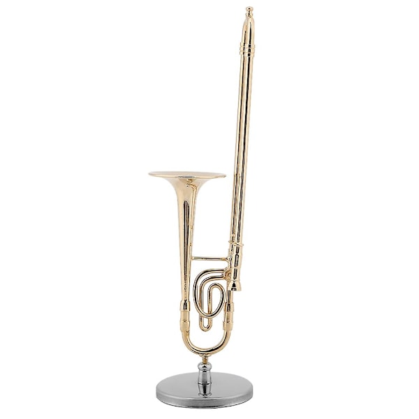 Miniatyr Trombon Replika Förgylld Modell med Stativ och Fodral Musikaliskt Ornament