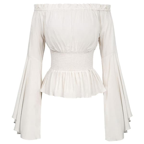 Dame Renaissance Bluse Topper Middelalder Viktoriansk Off Shoulder Lang Bell Erme Skjorte M White