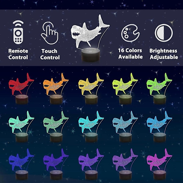 SBSG Shark Lampeez 3D Nattlampa för Barn Optisk Illusion Lampa med 16 Färger Fjärrkontroll