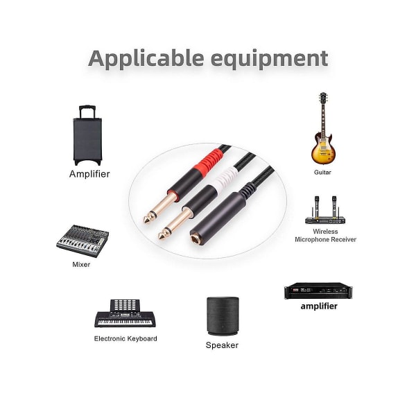 1 stk 6,35 mm 1/4 tommers stereo hunn til 2 doble 6,35 mm mono hann Y-splitterkabel lydadapterkabel