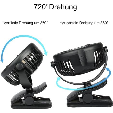 Mini bærbar USB clip-on ventilator med 2200mAh strøm, 3 hastigheder, 720° rotation, støjsvag drift, til soveværelse, kontor, bil, camping, klapvogn.