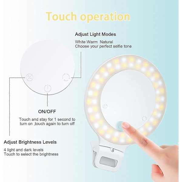 Selfie-rengasvalo, kosketusohjaus, ladattava 800 mAh 60 LED -ympyrävalo 3 valotila iPhone/Android-kannettavan tietokoneen valokuvaukseen