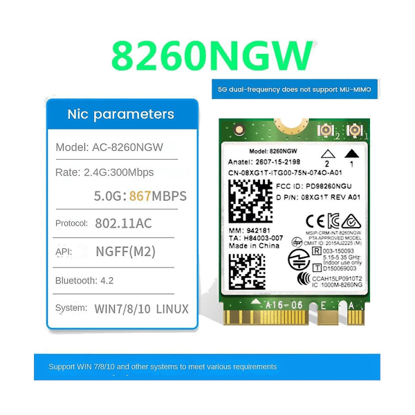 8260 8260ngw Wifi-kort+2xantenn 2.4g/5ghz 867m Bluetooth 4.2 Ngff M.2 Wifi trådlöst kortmodul Fo