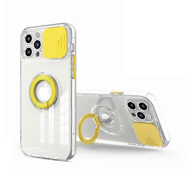 Söt Färgad Ringhållare Glidande Lins Kameraskydd Transparent Mjukt iPhone-skal Gult, iPhone 12 Pro