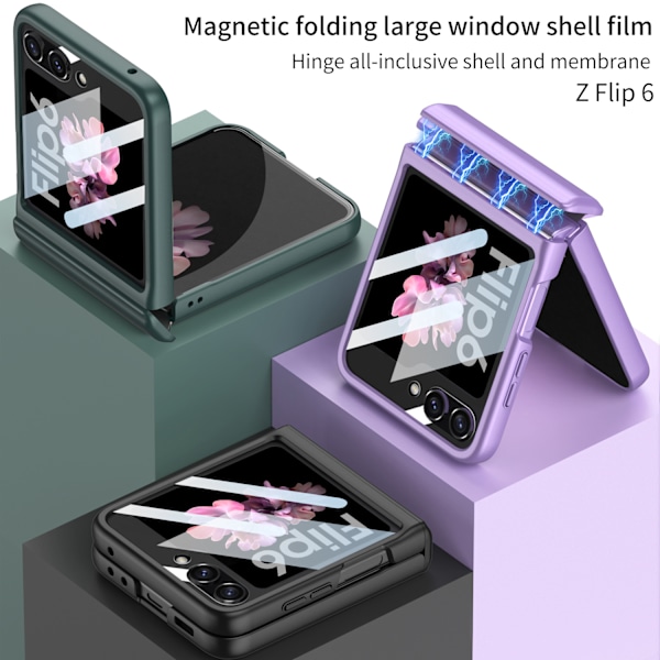 Passer til Samsung ZFlip6 mobiltelefon cover foldeskærm ultratynd stor vindues skal film integreret magnetisk absorption kryds green