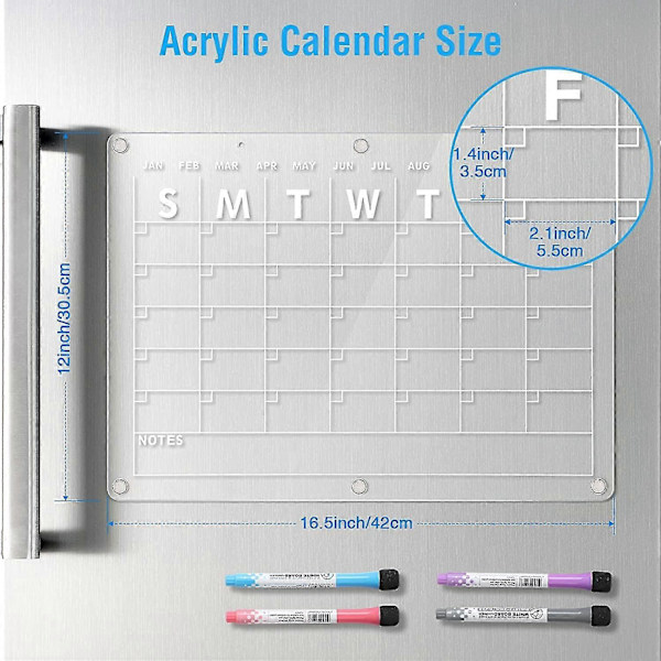Akryl Magnetisk Whiteboard Kalender för Kylskåp, 41,9x30,5 cm Klar Whiteboard Kalender för Kylskåp, Magnetisk Planeringskalender Inkluderar 4-