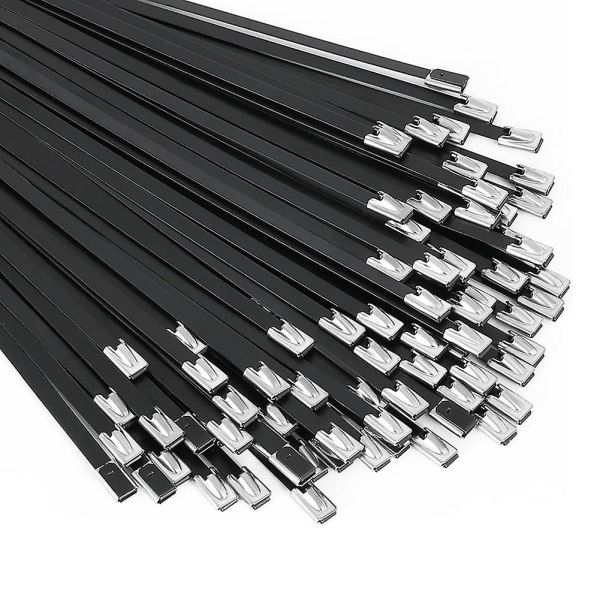Metal lynlåsbånd sort 100 stk 11,8 tommer 304 rustfrit stål epoxybelagt kabelbinder til maskiner, køretøjer