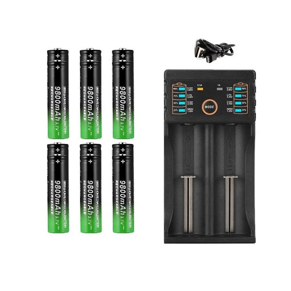 1 stk 2-spors Li-Ion batterilader + 6 stk 3,7V 18650 9800MAh batteri for oppladbar batteri 18650