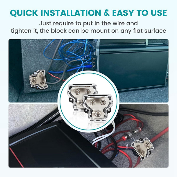 2 stk 2-veis strømfordelingsblokk, 0/2/4 Gauge Inn 4/8 Gauge Ut Bil Audio Fordeling Tilkobling