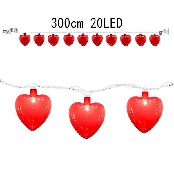 9.8' Valentine Hjerte Lyslenke Med 20 Hjerte Lyslenker, Batteridrevet, Festdekorasjoner