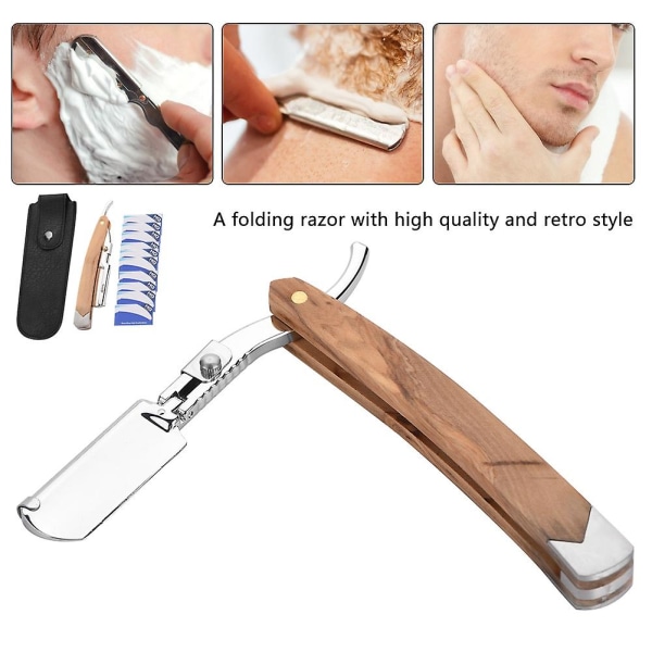 Retro træhåndtag + 10 stk. Blade Head Barbering Barbermaskine Foldebarbermaskine til mænds ansigtsrensningsplejeværktøj