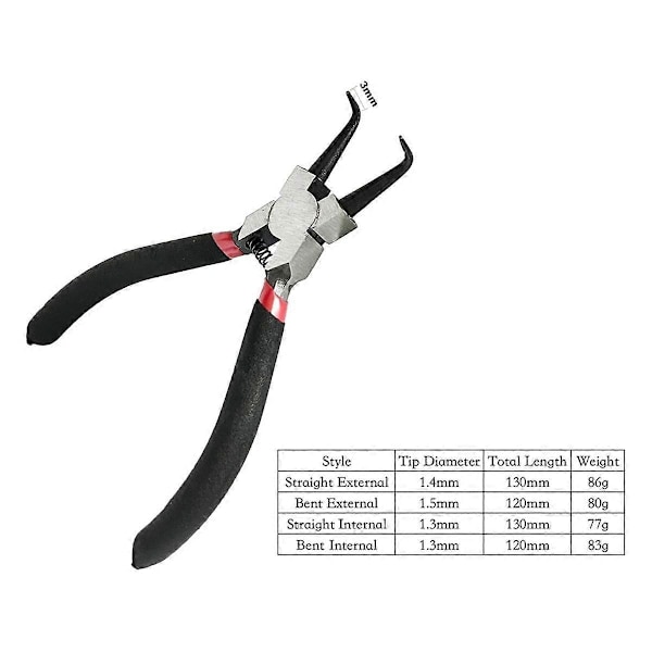 4 st Små Låsringstänger Set Mini Intern & Extern Låsringstång med Raka/Böjda Käftar C Clip Tänger med Fjäder