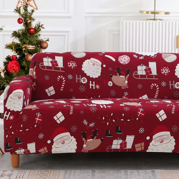 Julesofatrekk myk polyester juletreprint sofatrekk med elastisk bunn (2-seter, rød)