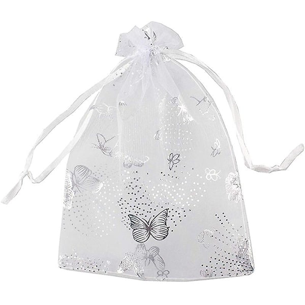 100 stk 9x12cm Butterfly Organza Smykkegavepose Godteripose Trekkstreng Bryllup Gaveposer Hvit