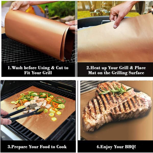 Teflon utendørs grillmatte, non-stick, høy temperaturbestandig BBQ grillmatte, kobber grillmatte PTFE (3 STK)