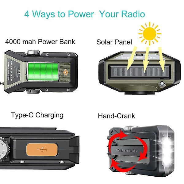 Håndsvingradioer, nødradio AM/FM, solcelle-svingradio, SOS-alarm, 4000 mAh lommelygte, Type-C opladning-a