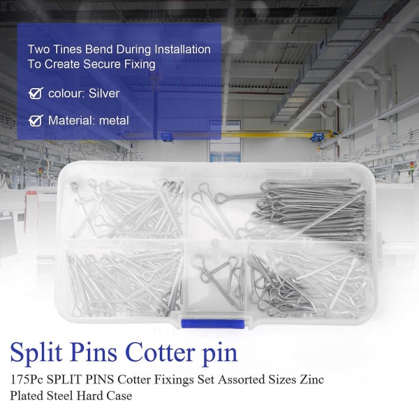 175 STK SPLIT PINS Splintfestesett Diverse størrelser Forsinket stål hardt etui