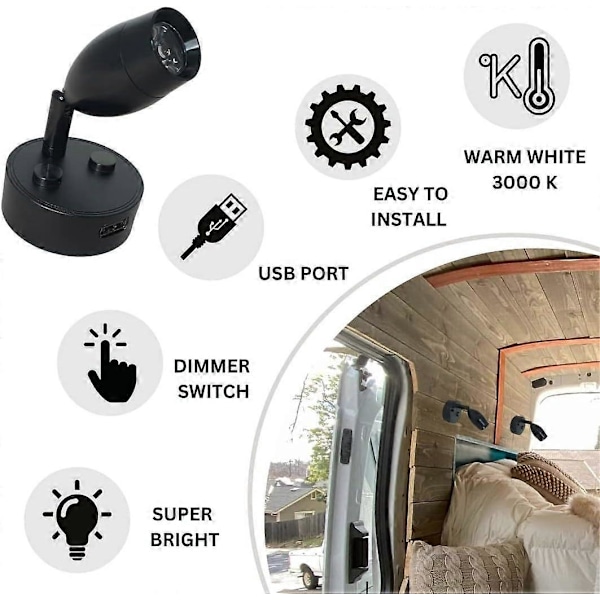LED Leselys 12V-24V 3W Svart Spotlight, Berøringskontrollert Bryter, USB-Lading, For Caravan Bobil Båt Sengelampe