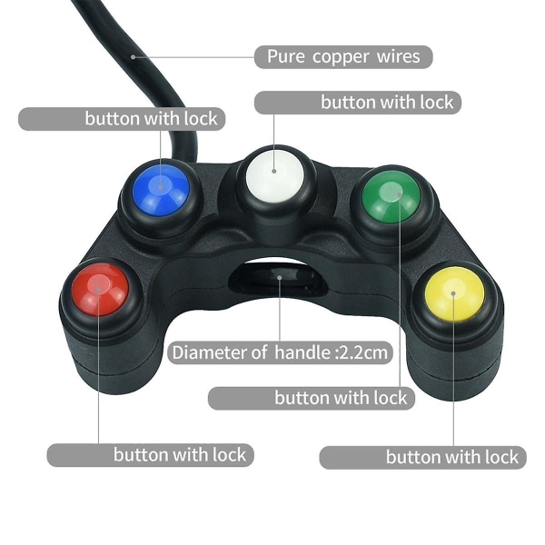 Universaali 5-painikkeinen moottoripyörän kytkimet 7/8 tuuman 22 mm ohjaustangolle, sarvea, ajovaloa, hätävilkkuja, jarrua, sumuvaloja varten