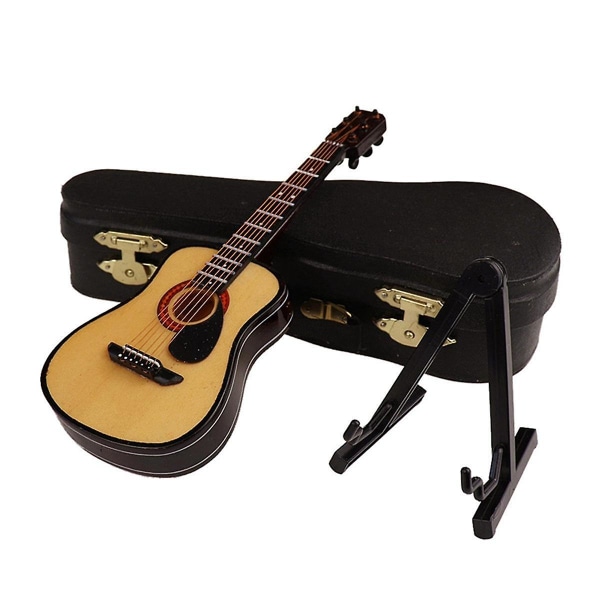 B-trä Miniatyrgitarr med Stativ och Fodral Mini Musikinstrument Miniatyrdockhusmodell Ho
