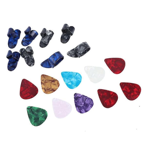 Gitarrtillbehörssats 10 Celluloid Plektrum 4 Gitarrglidare 8 Fingerrör med Järnask