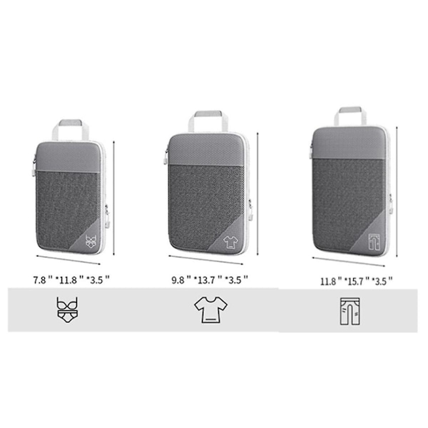 3-pack Bärbara Väskor Resekomprimerbara Förvaringsväskor Set Mesh Visuell Bagageorganisatör Grå