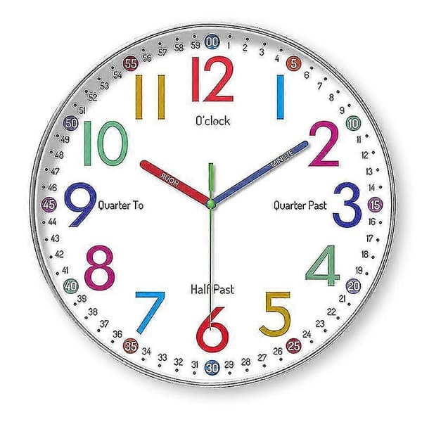 Analog Lärklocka för Barn - Barnväggklocka - Pedagogisk Väggklocka, Diameter 30cm Lärurtavla, Tyst-hao