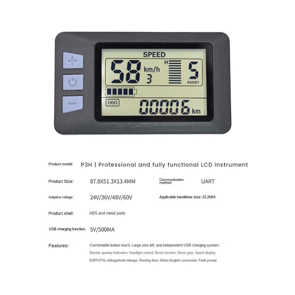 P3H LCD-displaymätare Instrumentbräda 24V 36V 48V 60V Elcykelmätare Displaypanel för Elsparkcykel (5PIN)