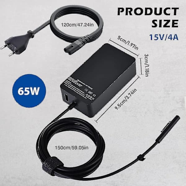 Surface Pro-lader, 65W 15V 4A Microsoft Surface-lader for Surface Laptop 4/3/2/1, Surface Book1/11