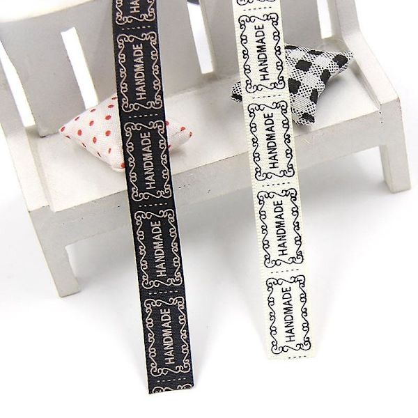 12mm Bredd 5yard/lot Beige / Svart Tryckt Handgjort Designband För Bröllop DIY Hantverk Presentförpackning Bälte & Sytillbehör