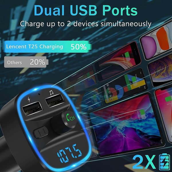 Bluetooth FM-sender, Bluetooth MP3-spiller trådløs radioadaptersett FM-sender billader, håndfri samtale, 2 USB-porter