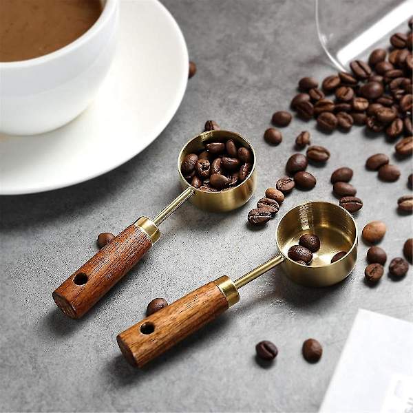 Rustfritt stål kaffeskje kompatibel med malt kaffe, 15 ml kaffemåleskje med Woodle-håndtak kaffeskjeer-A+(trec