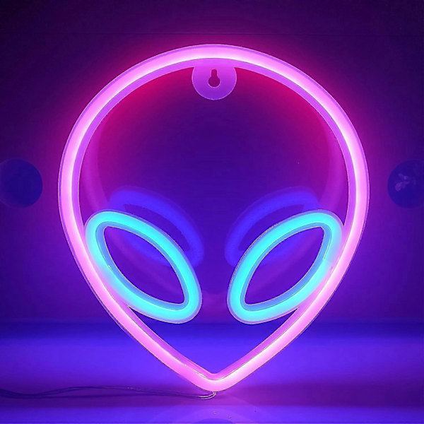 Alien Neonkyltti, USB- tai 3-AA-paristokäyttöinen neonvalo, LED-pöytäkoriste, makuuhuoneen seinäkoriste, syntymäpäivälahja (pinkki+sininen)