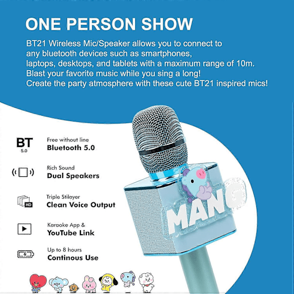 BTS Bluetooth Trådløs Mikrofon & Højttaler, Alle Syv BTS Karakterer i Deres Egne Søde Farver (MANG)